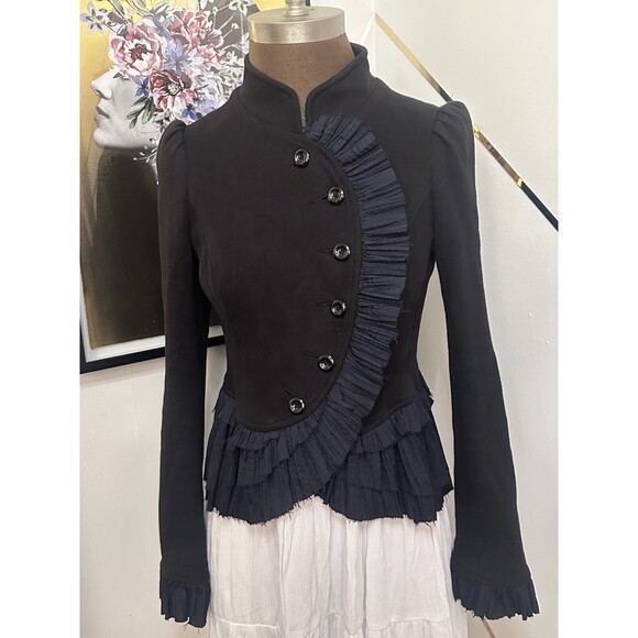 Free people Black Romance Military Ruffles Knit Jacket Sz 6 Victorian Steampunk - Picture 1 of 8